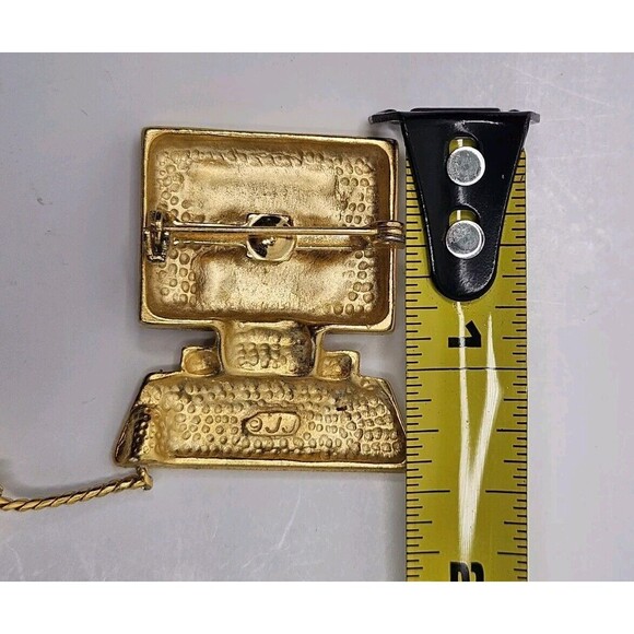 JJ Vtg Cat Pin Brooch Mouse Error Computer Desktop Dangle Signed 1980s Gold Tone - Picture 5 of 6